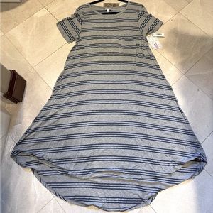 Brand New LuLaRoe Size M Grey W Blue Stripes Carly Dress